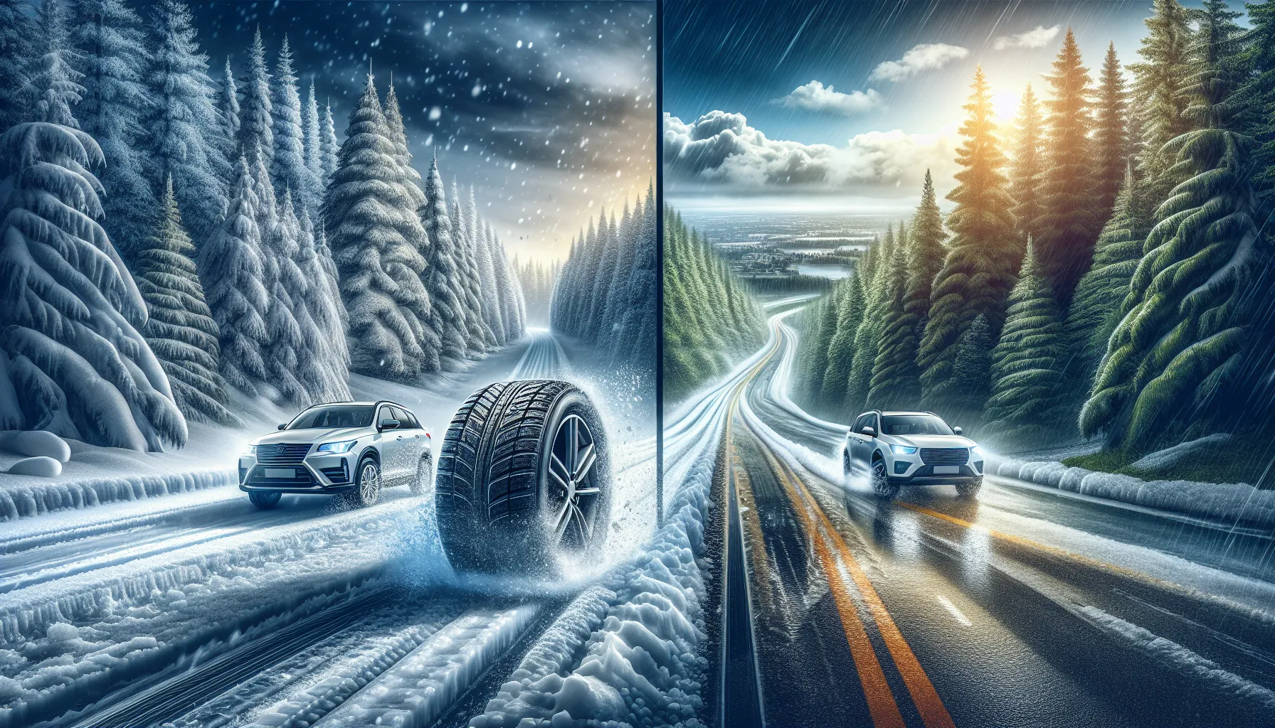 A side-by-side depiction of all-weather and all-season tires in their respective conditions.