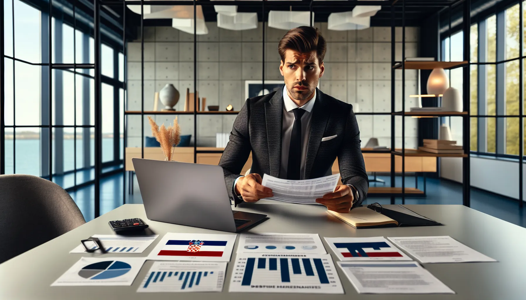 Croatian financial consultant reviewing German banking documents at modern office desk