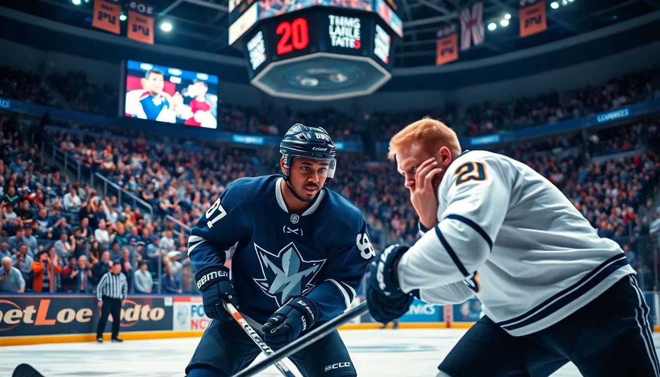 an intense ice hockey game with players battling for the puck in a packed arena.