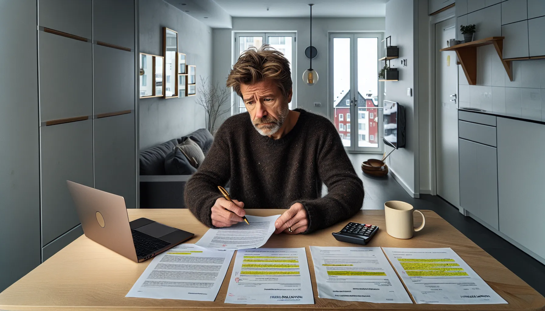 Worried norwegian landlord reviews flawed rental documents at a kitchen table in oslo.