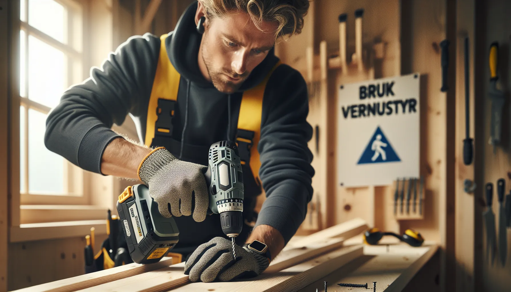 Norwegian carpenter uses ergonomic drill with neutral wrist for precise fastening.