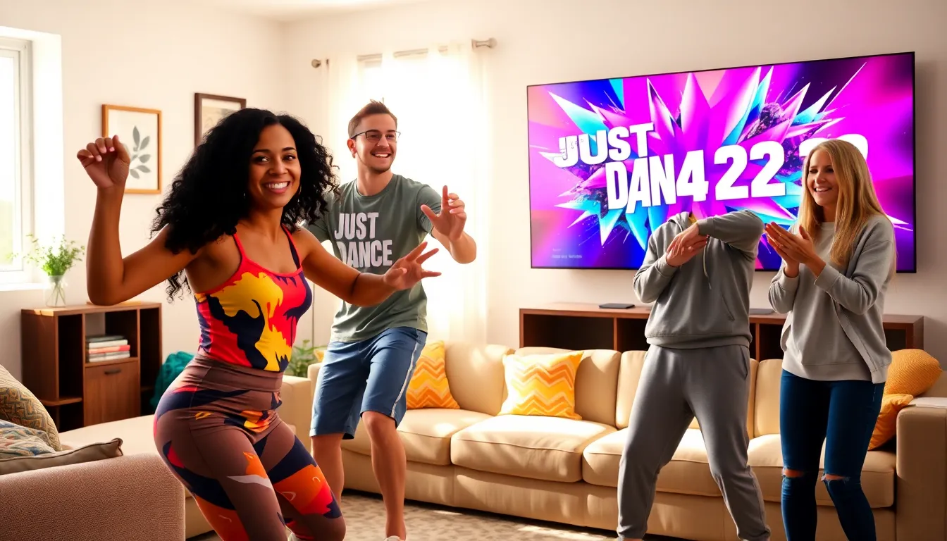 friends dancing to Just Dance 2022 in a bright living room.