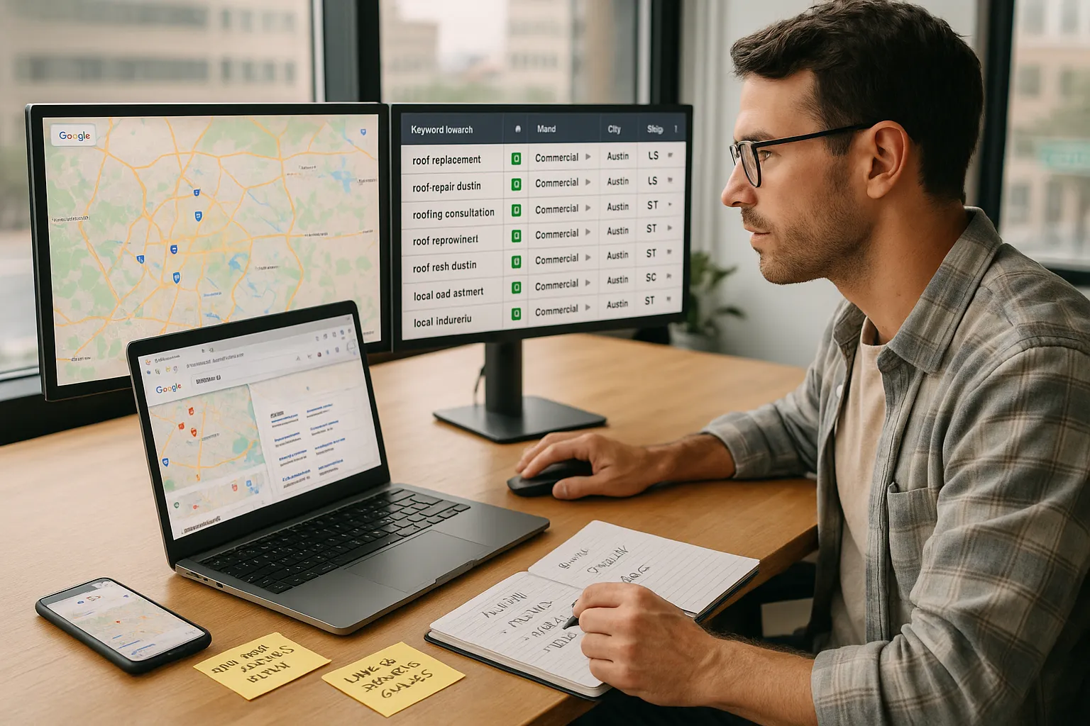 Marketer analyzing local SEO keywords and service areas on multiple computer screens.