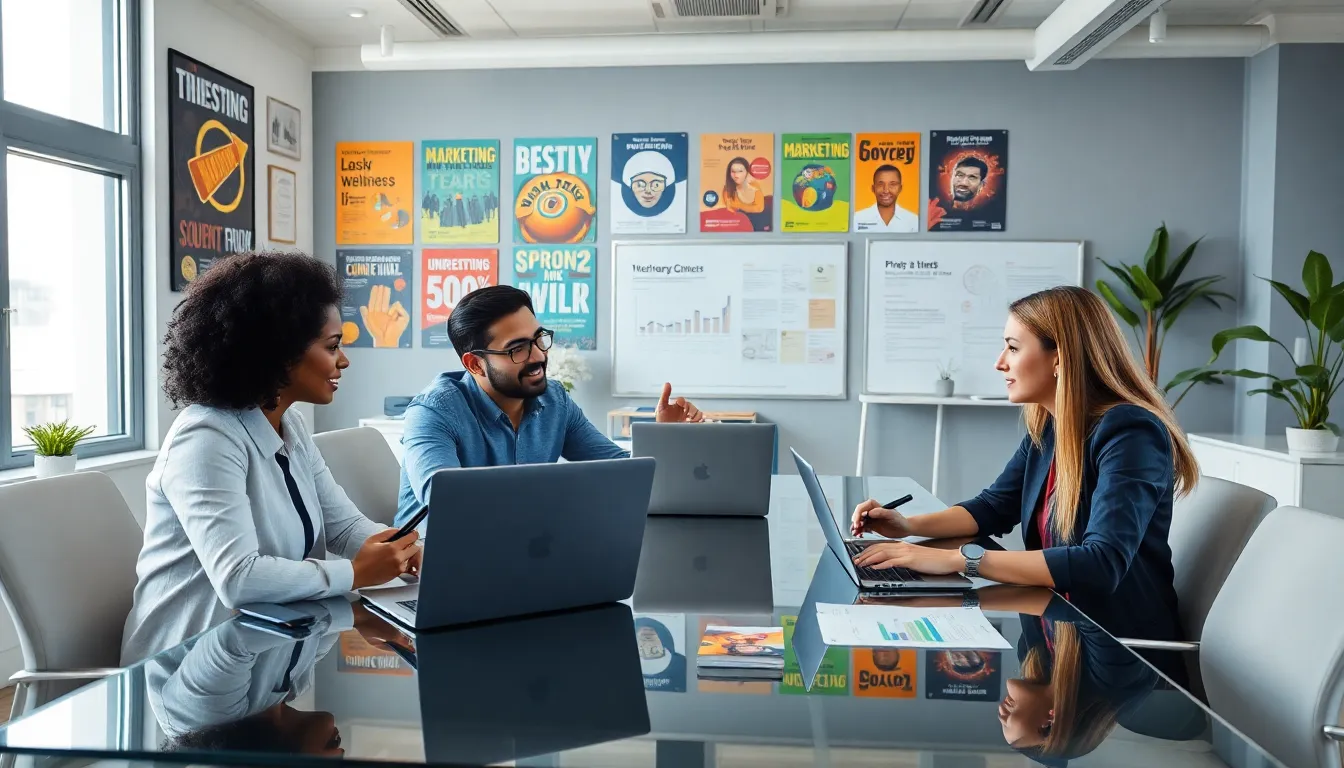 diverse team collaborating in a modern office on various topics.