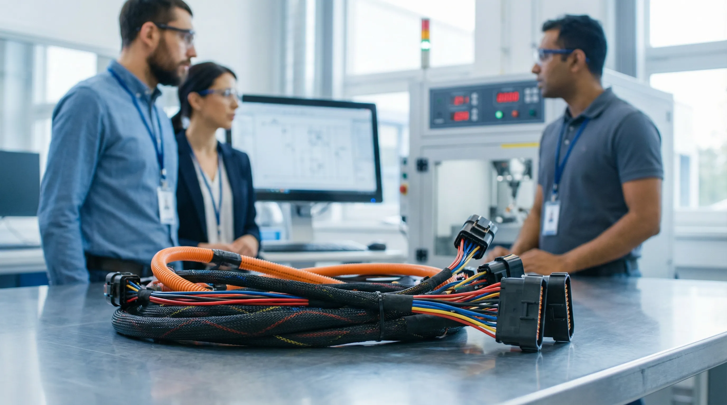 Close-up of automotive cable assemblies on a sleek workbench with engineers collaborating in the background.
