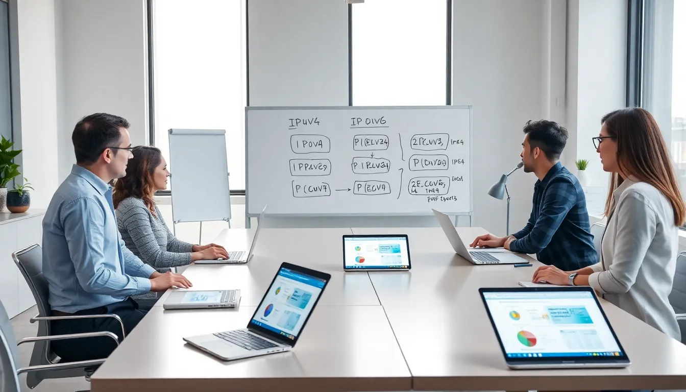 diverse team discussing IP addresses in a modern office.