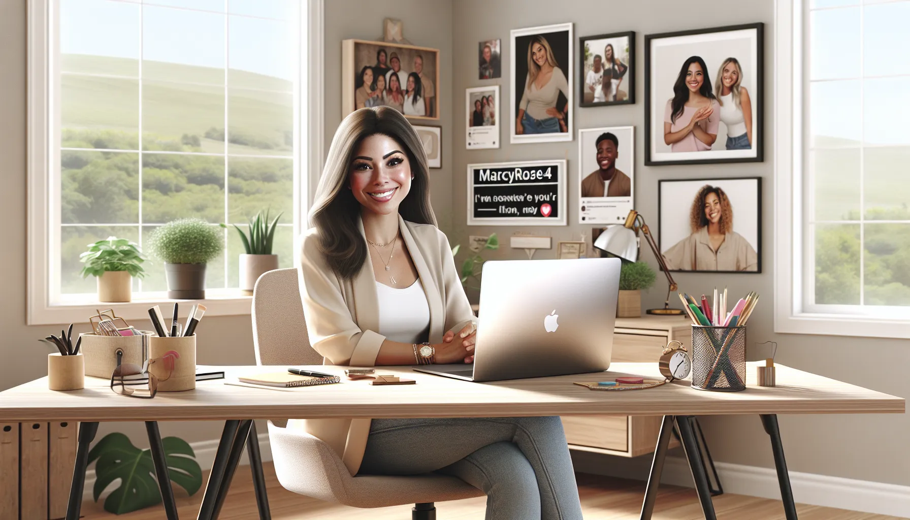 woman engaging with social media in a modern office setting.