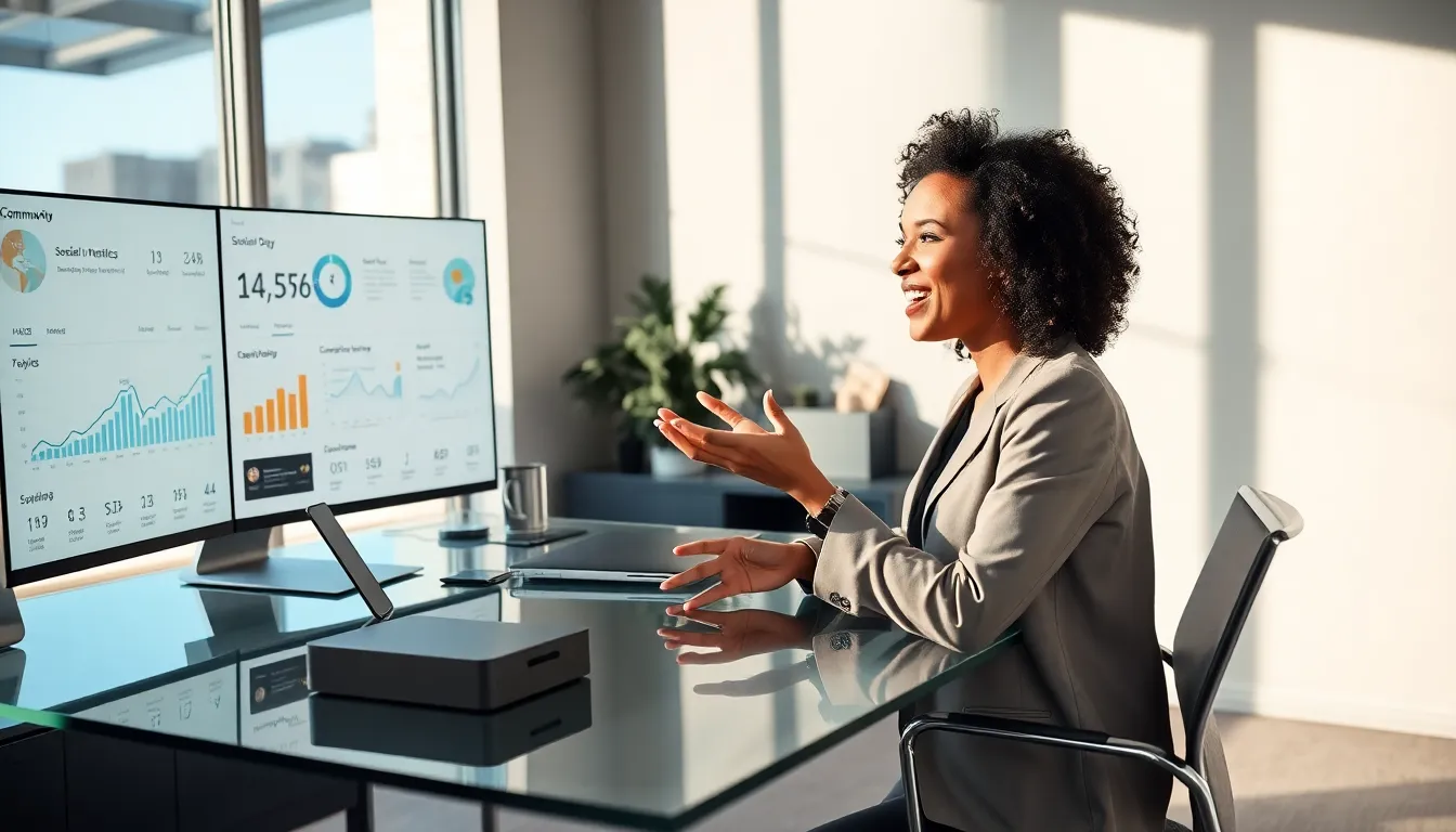 young woman in a modern office discussing her digital influence.
