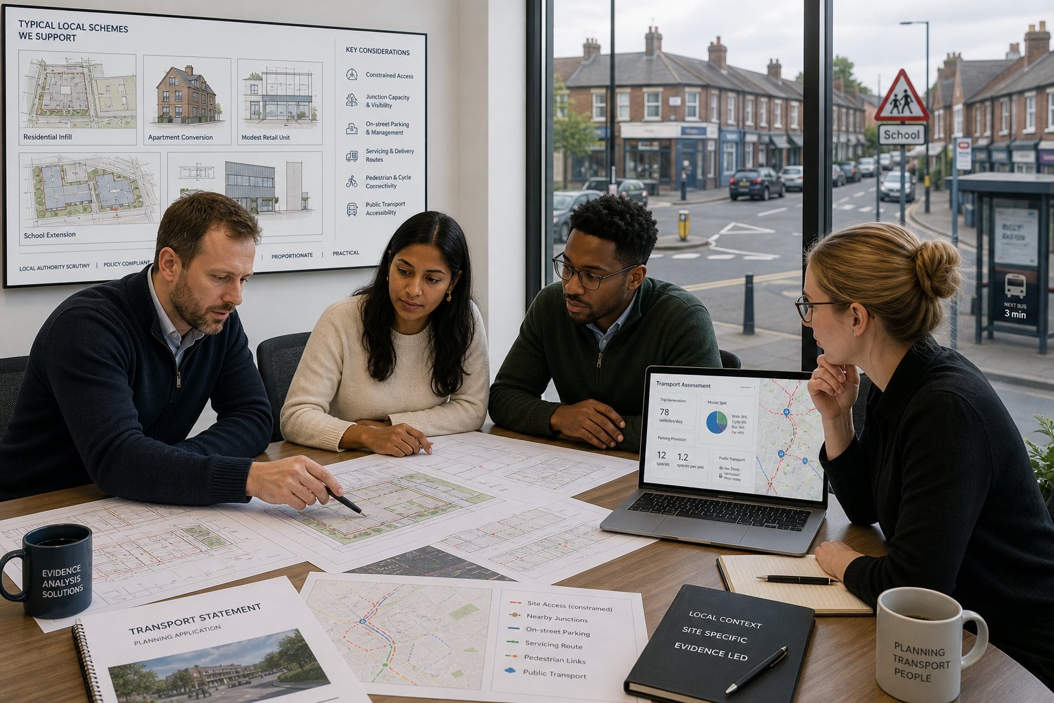 Consultants reviewing transport plans for a small UK development site.