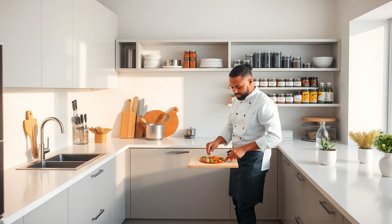 a well-organized kitchen with a professional chef preparing meals.