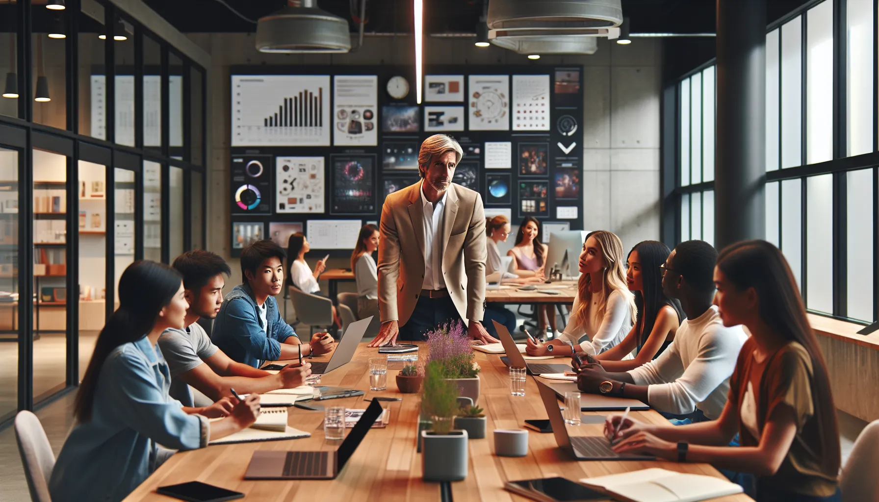 Brian Aseyfried mentoring a diverse group in a modern office.