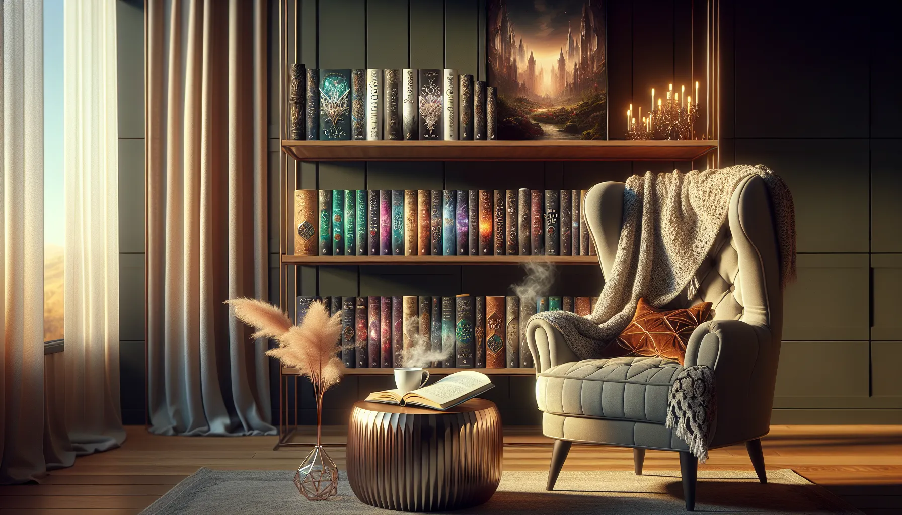 a cozy reading nook with Sarah J. Maas's books and a cup of coffee.