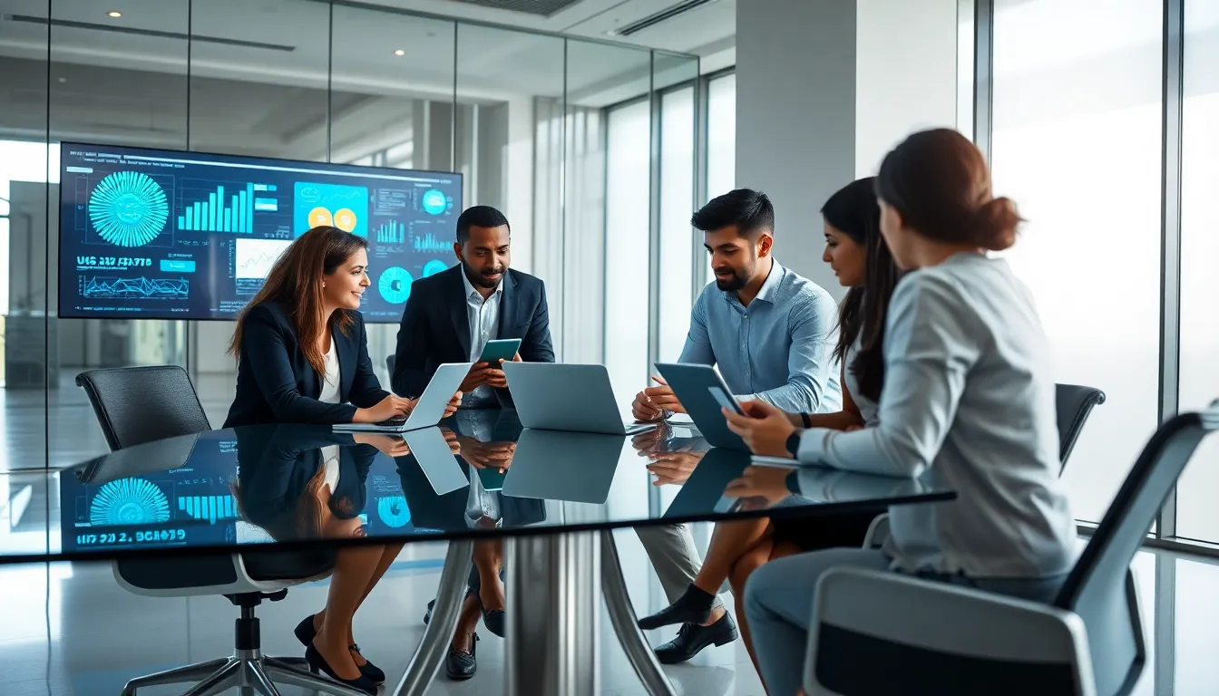 diverse team collaborating on data management in a modern office.