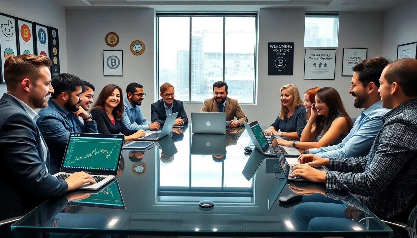 diverse team discussing cryptocurrencies in a modern office.