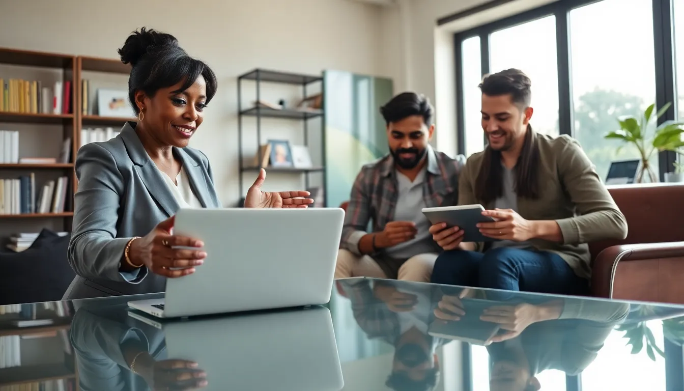 A real estate agent explains properties to a couple in a modern office.