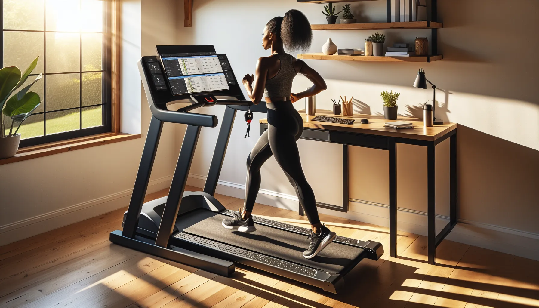 Woman running on a full-size treadmill desk in a sunlit home office.