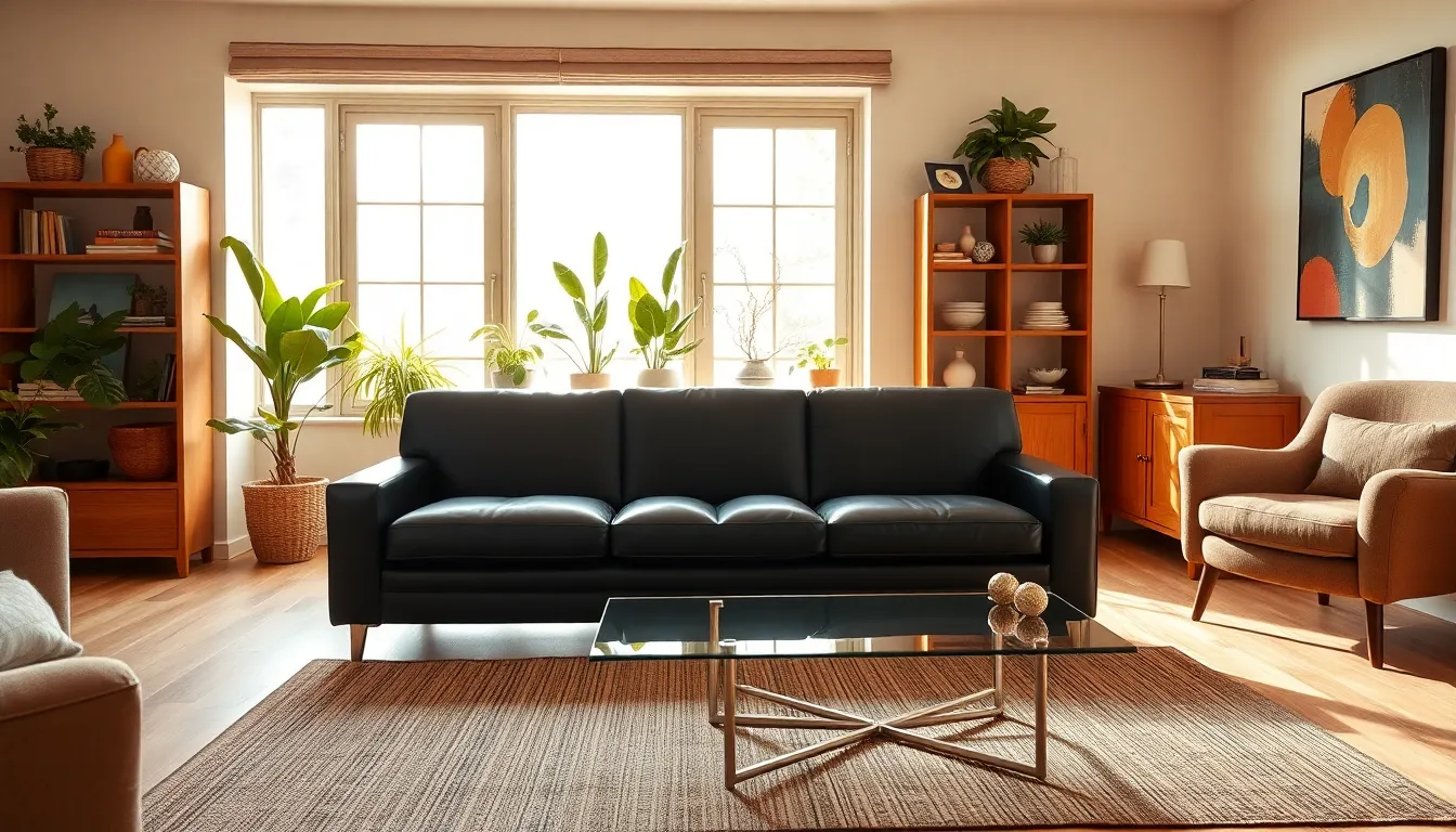 a stylish living room featuring a modern sofa and rustic decor.