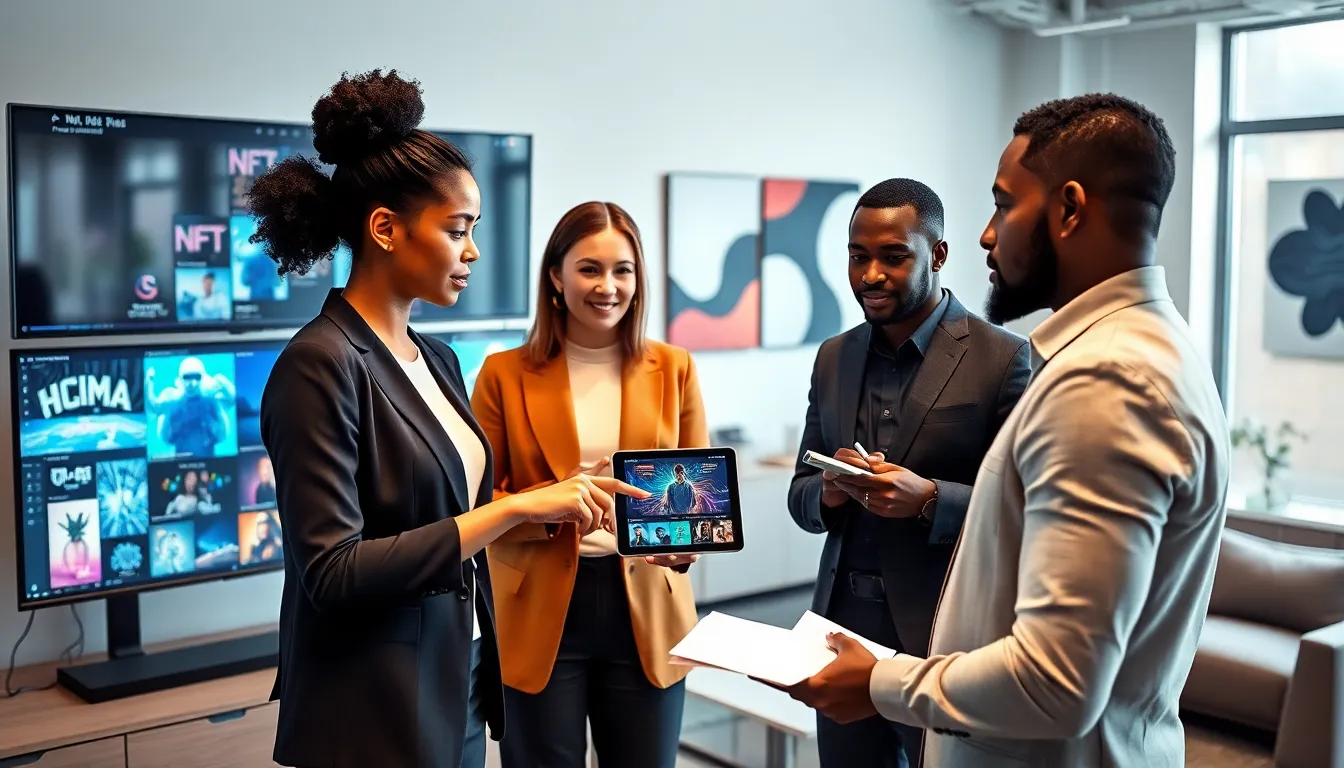 diverse professionals discussing NFTs in a modern office setting.