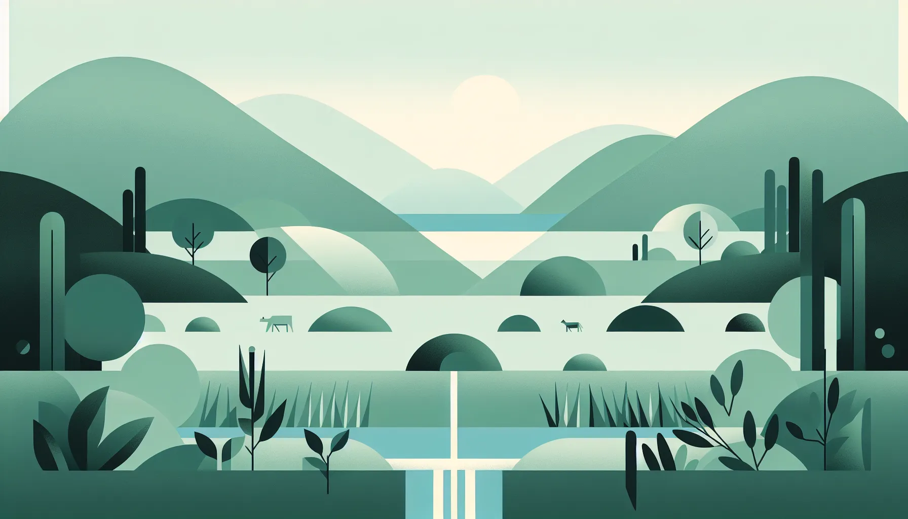Minimalist Croatian pastoral landscape with rolling hills and flowing stream