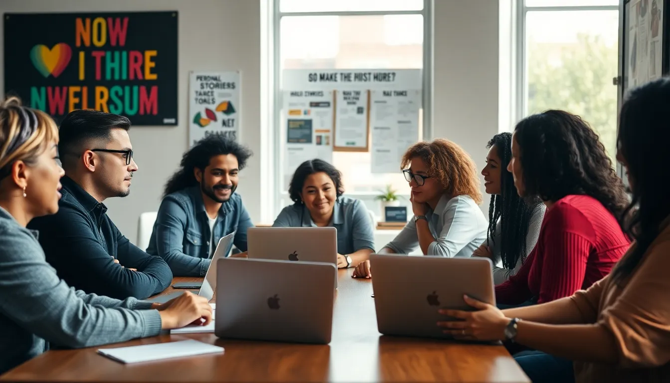diverse group discussing in a welcoming modern workspace.