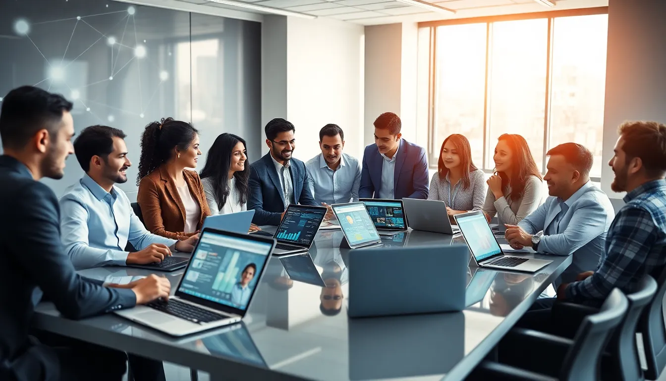 diverse professionals collaborating in a modern office on communication technologies.
