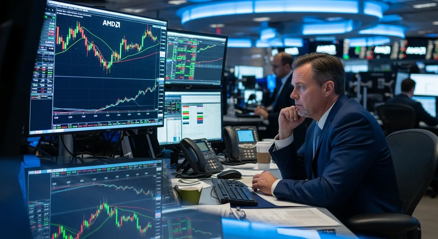 Financial analyst studying AMD stock chart on trading floor monitors.
