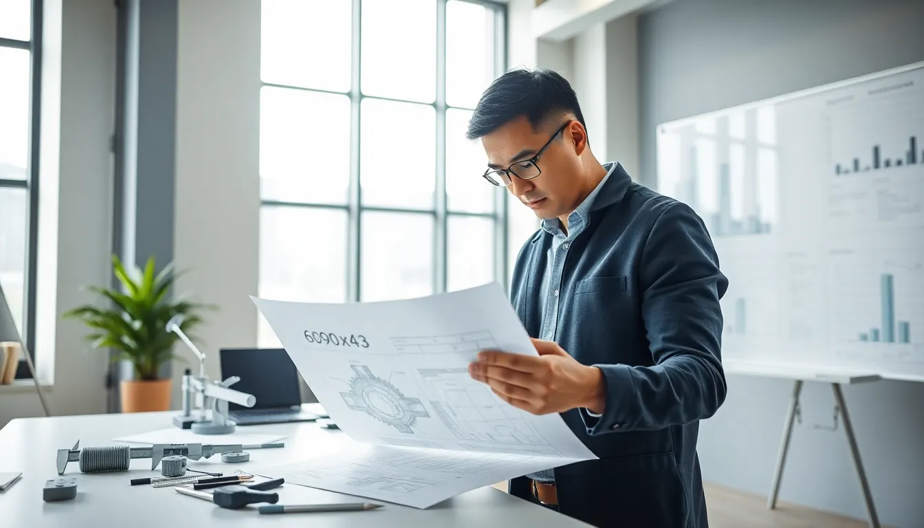 engineer analyzing technical drawings of component dimensions in a modern office.