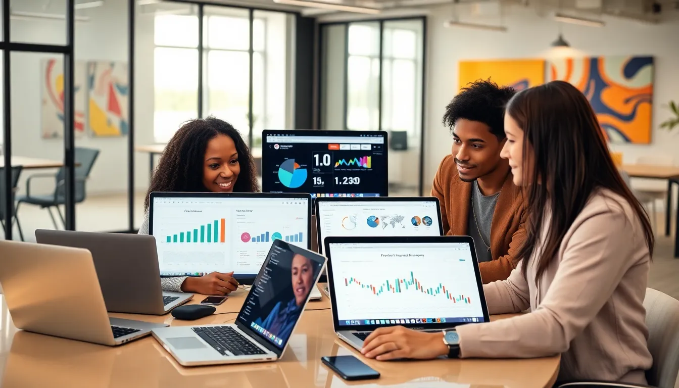 diverse team collaborating using digital employee experience tools in a modern office.