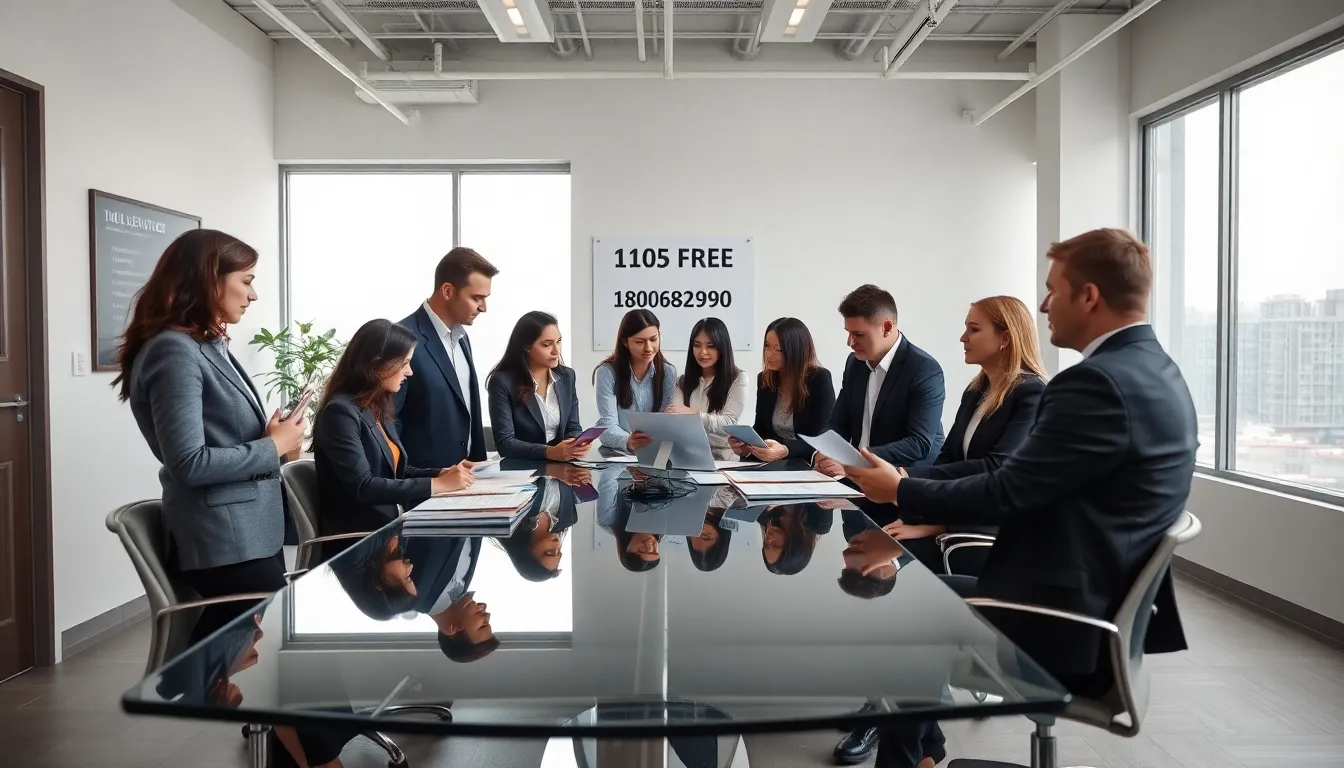 diverse professionals discussing in a modern office, with a toll-free number visible.