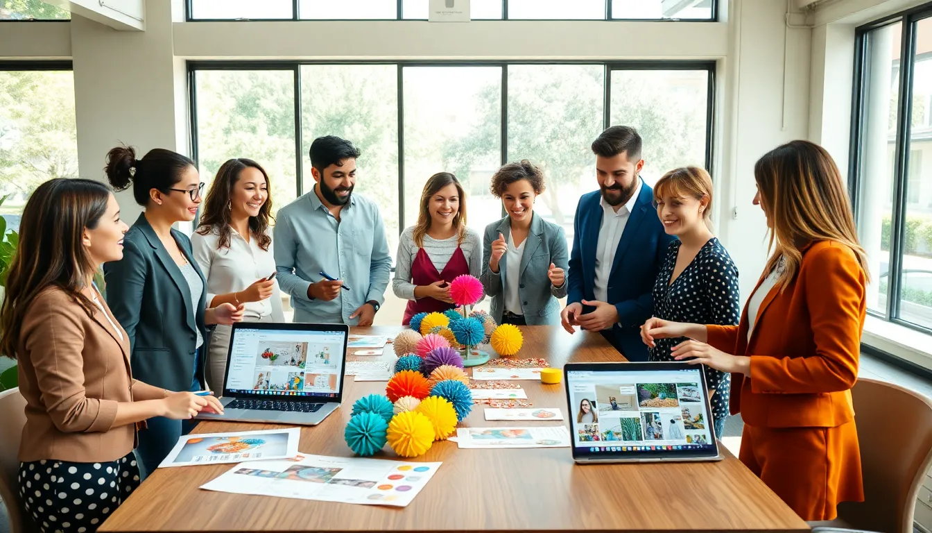diverse team collaborating on budget-friendly event planning in a bright office.