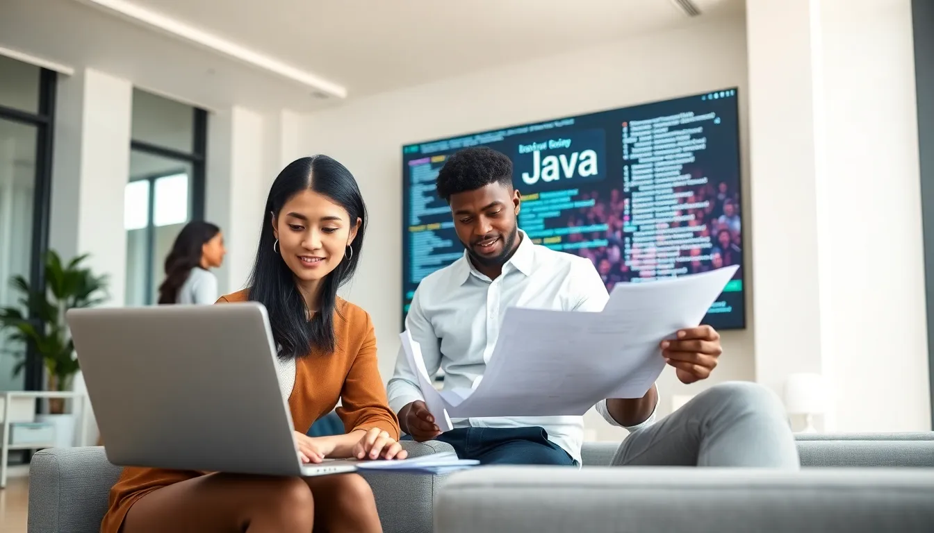 diverse team collaborating on Java programming in a modern office.