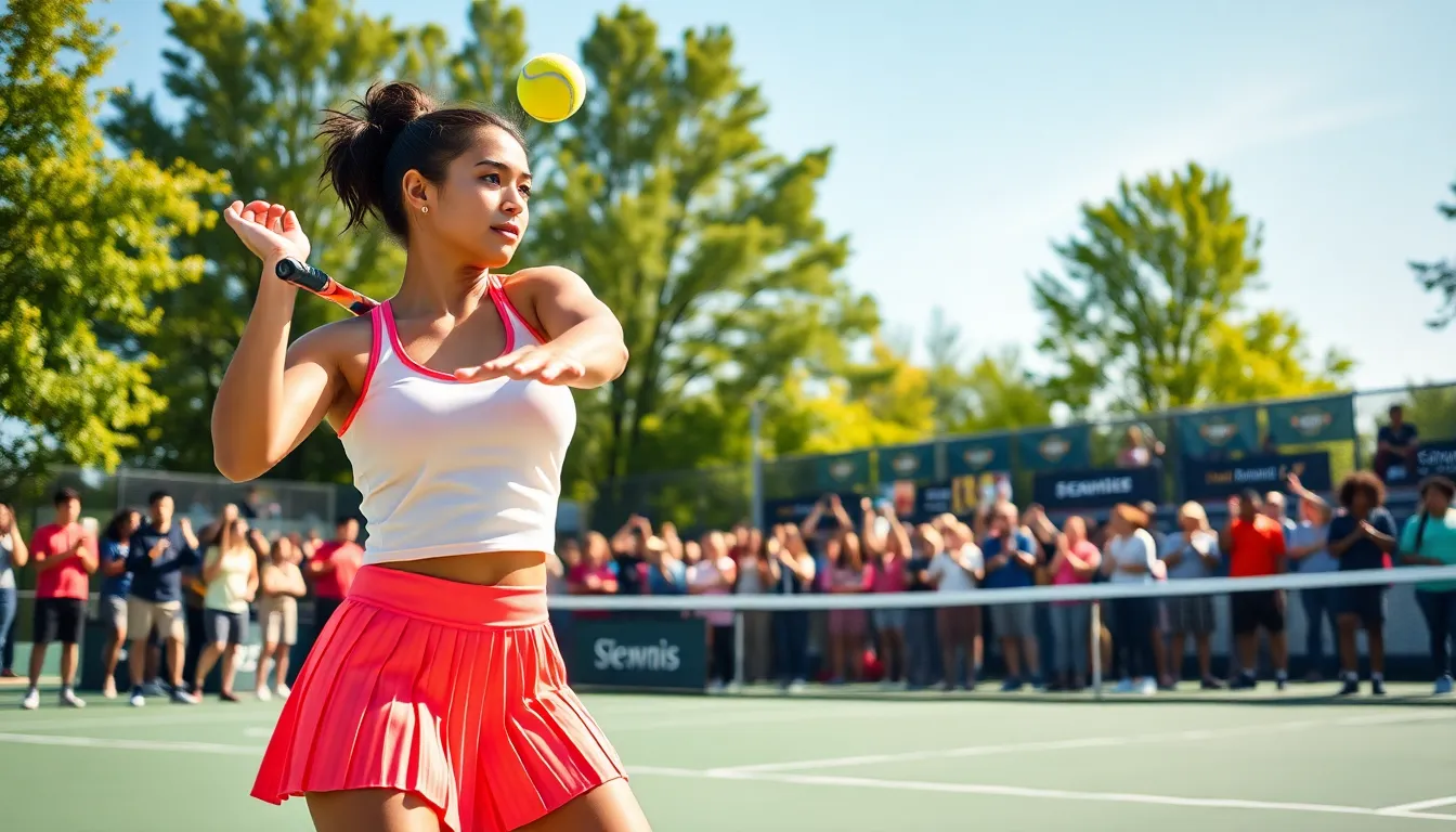 a female tennis player serving on a lively outdoor court.