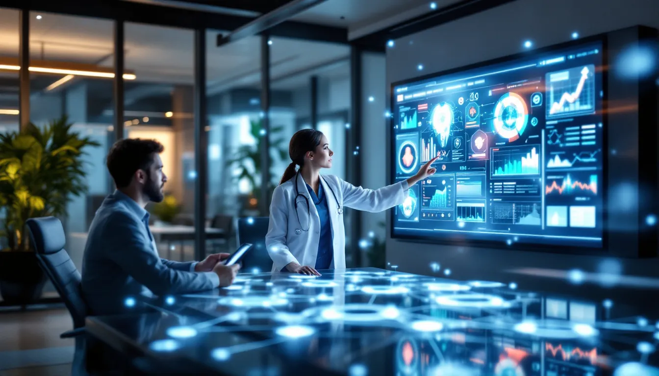 Healthcare professionals collaborating with AI technology in modern hospital command center.