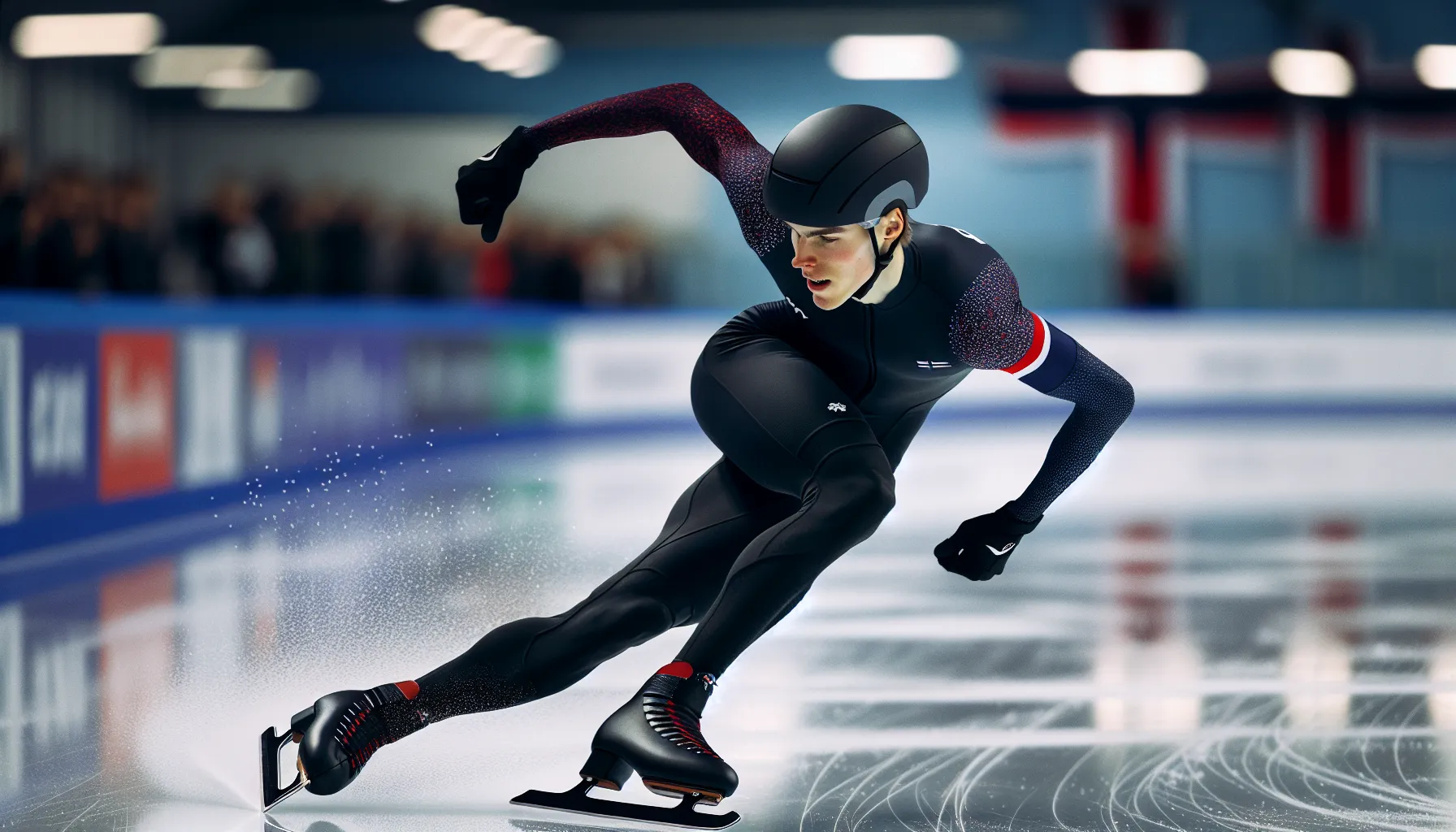Short track skater in low stance carving a corner with hand on ice.