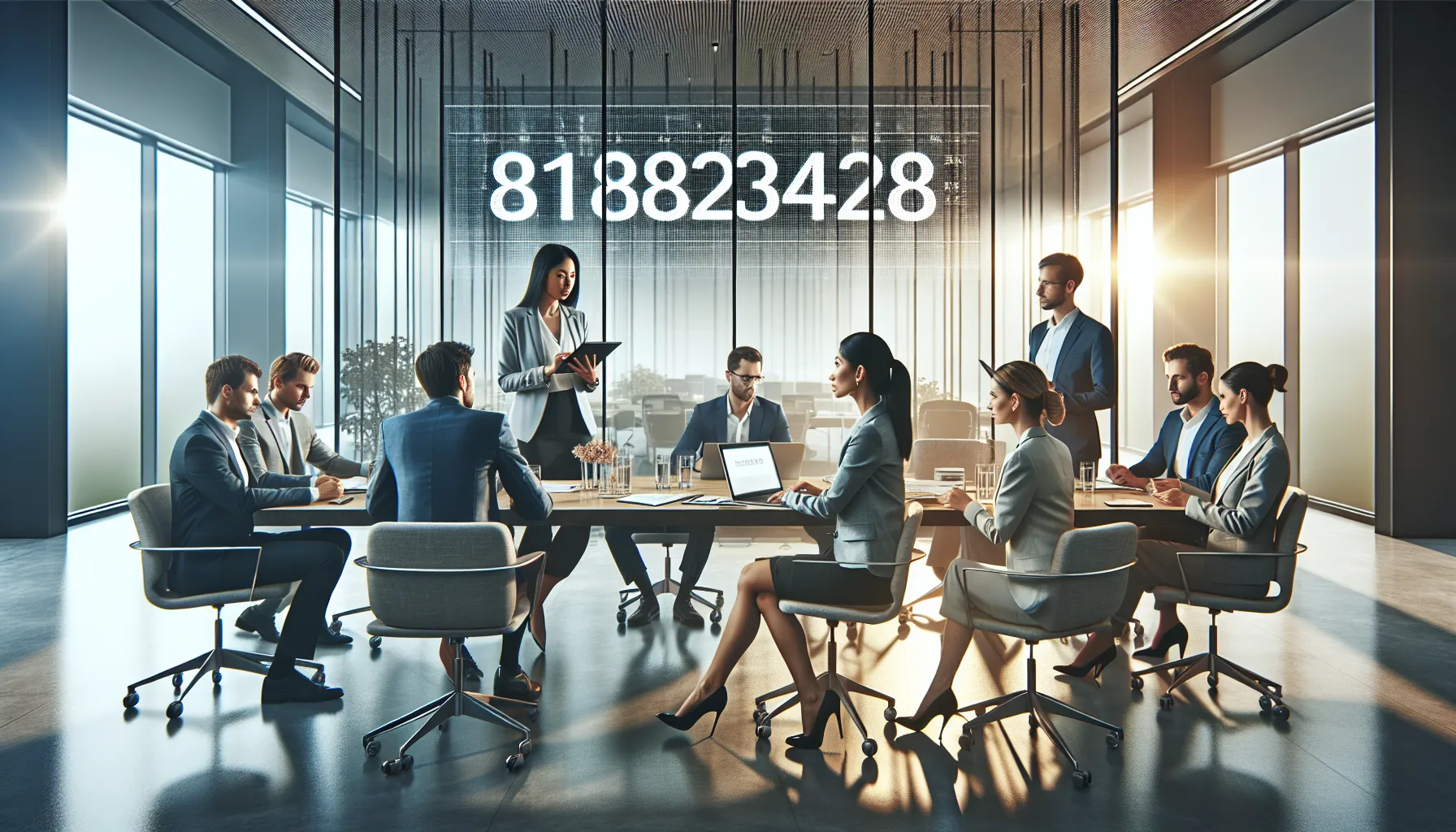 Professionals discussing business strategies in a modern office.