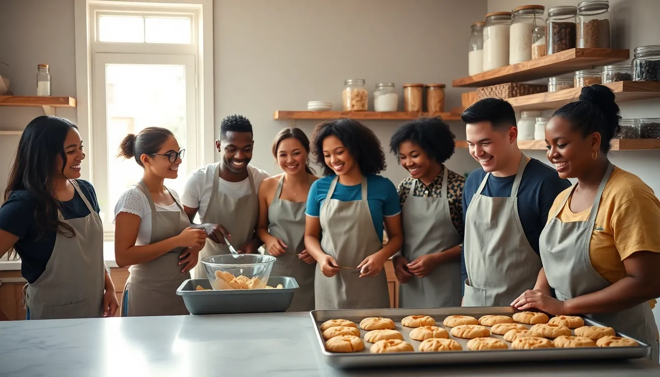 diverse bakers joyfully creating cookies in a warm kitchen.