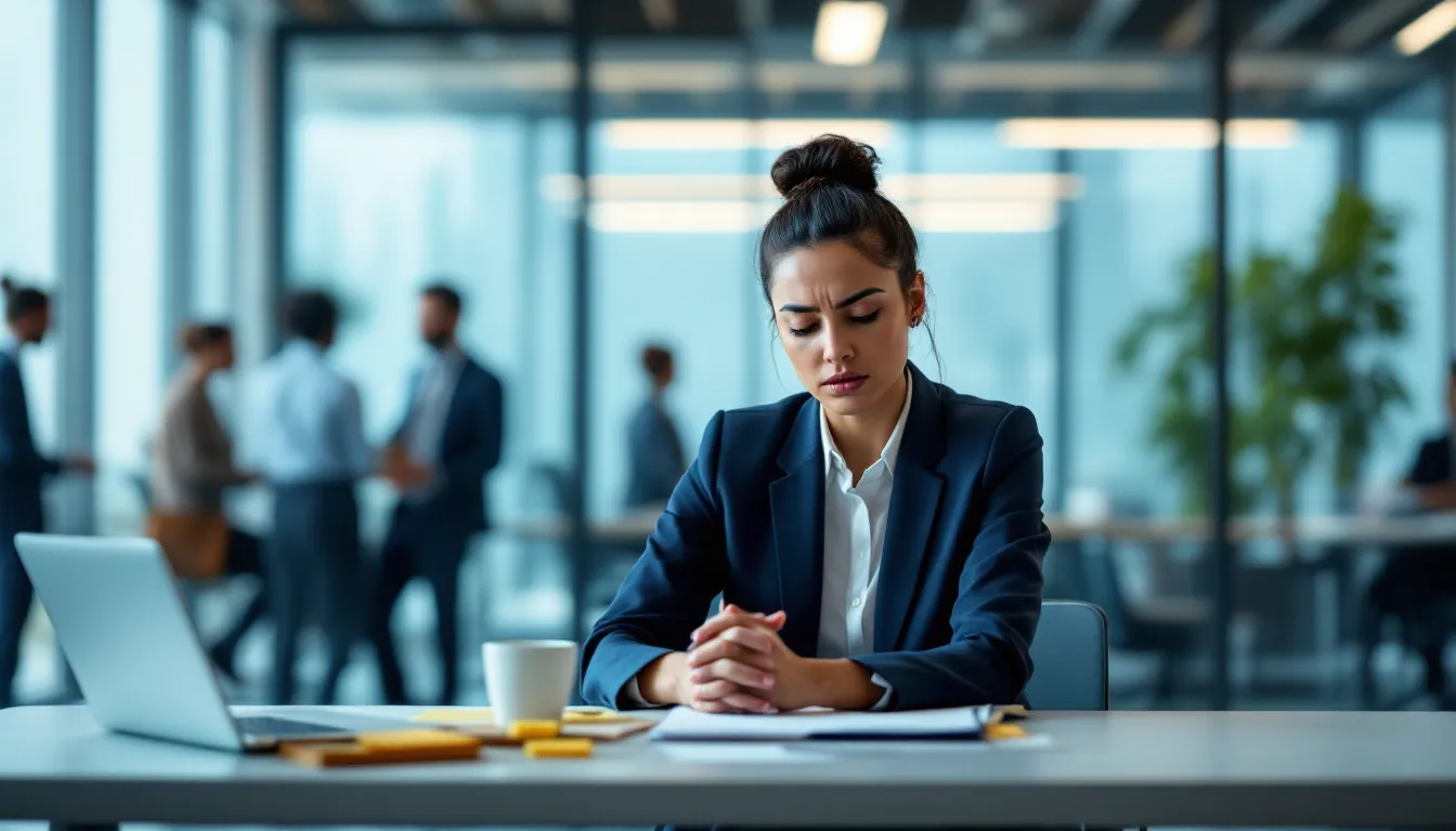 A weary professional woman sits alone at a busy office desk, looking conflicted.