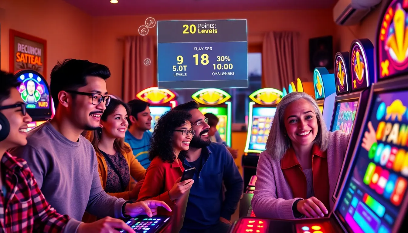 a group of diverse players engaged with colorful online slot games.