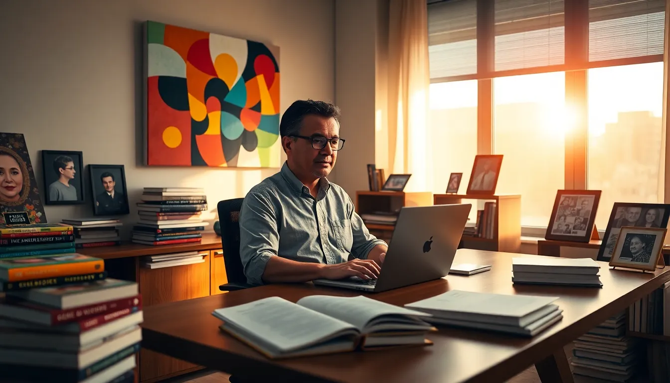 Helros working in a modern office filled with books and art.