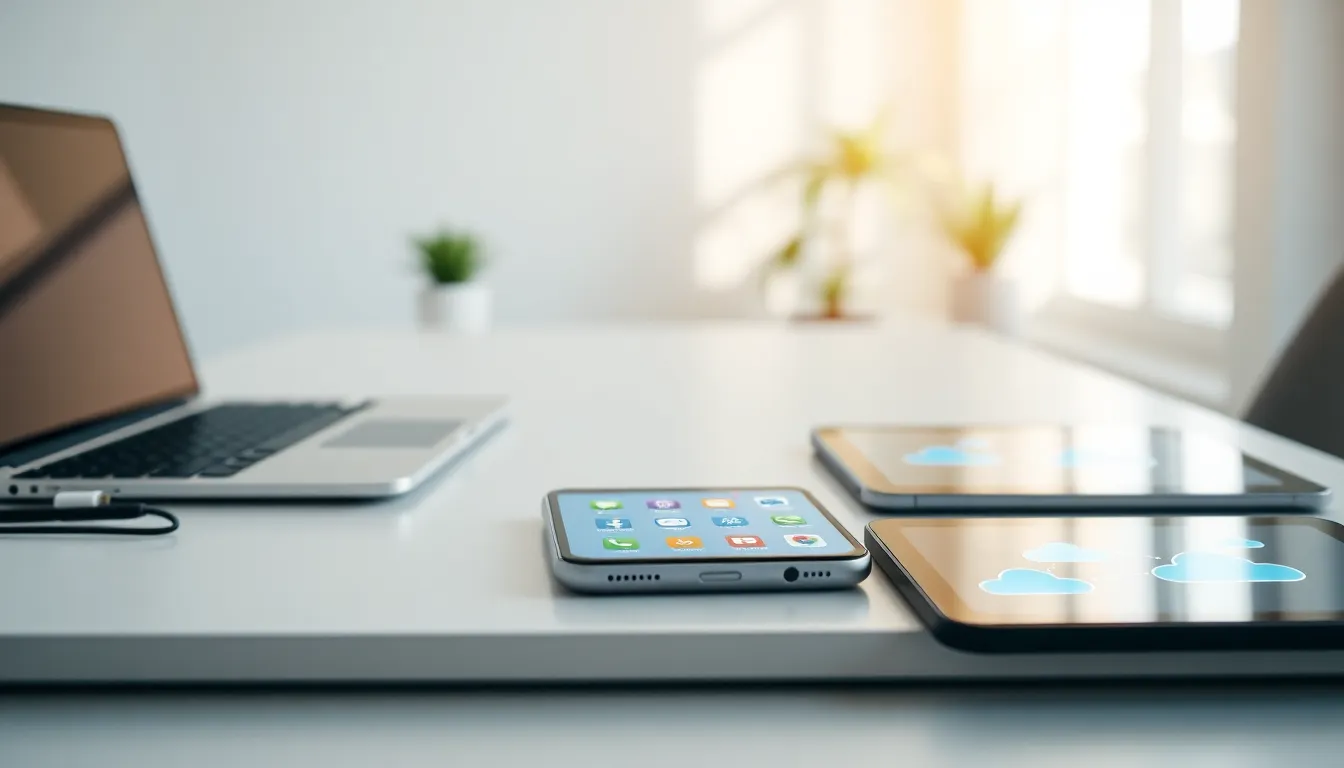 Sleek smartphone showcasing cloud features in a modern office setting.