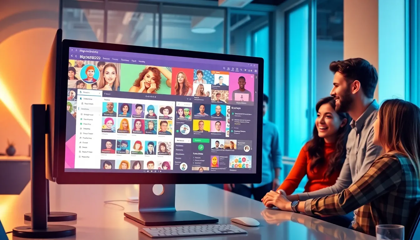 diverse group interacting with a computer displaying meme culture.