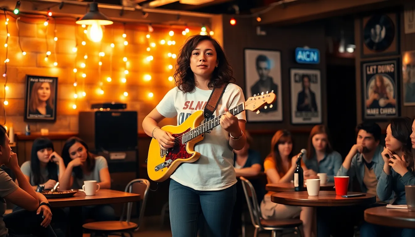 Elena performing at a coffee shop, engaging an attentive audience.