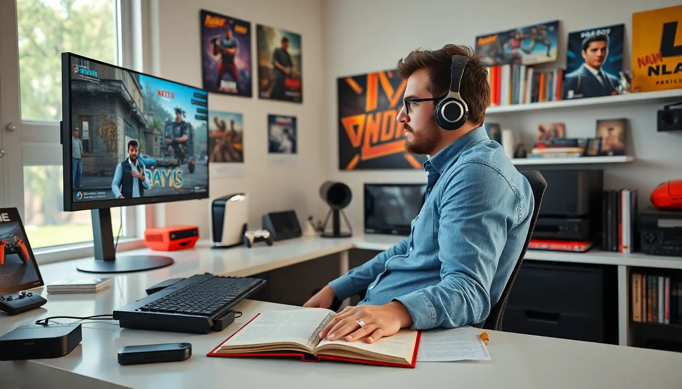 gaming journalist analyzing games in a modern home office.
