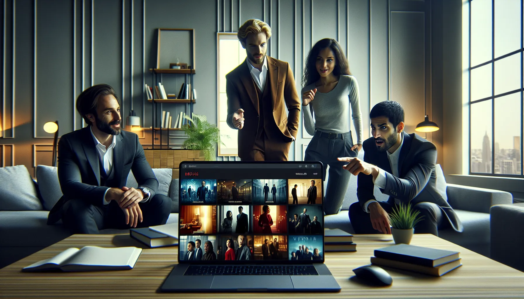 Professionals discussing Hindi movies on a sleek laptop in a modern office.