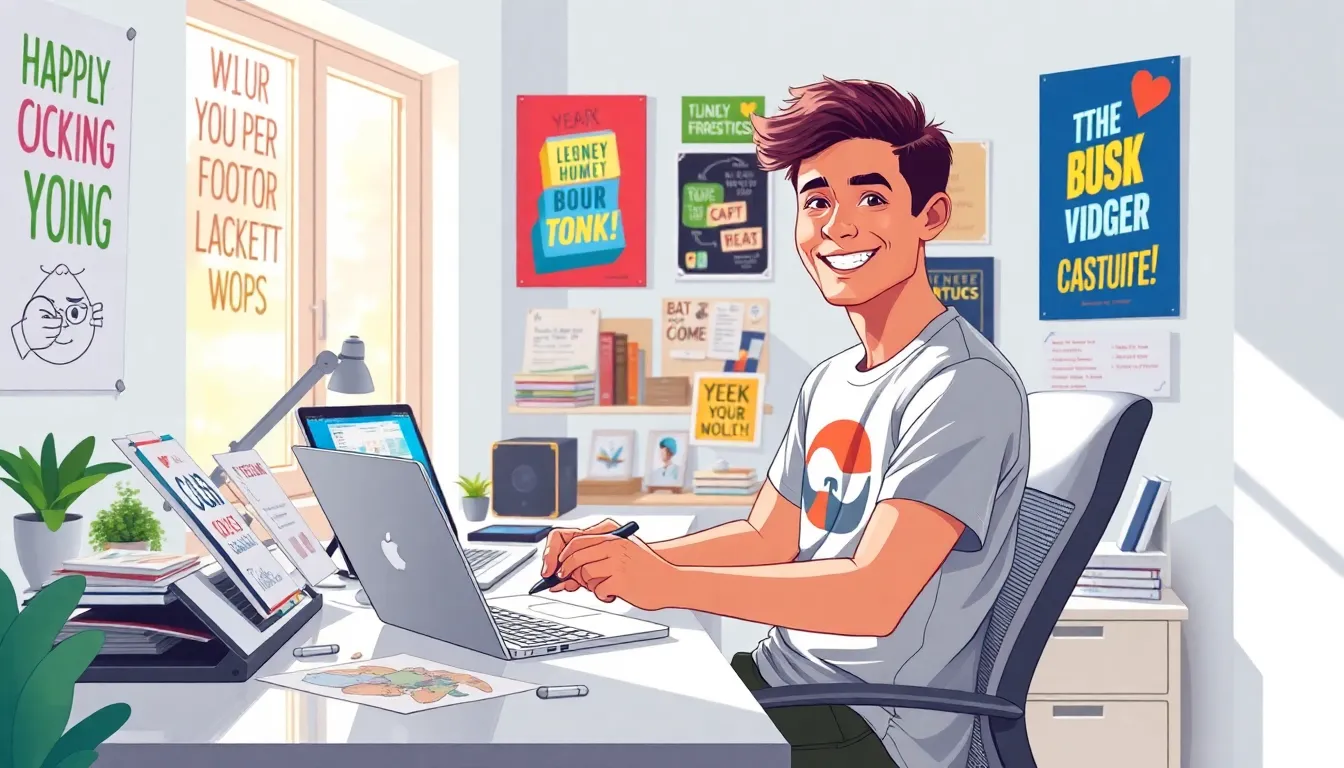 a young man creating digital content in a modern home office.