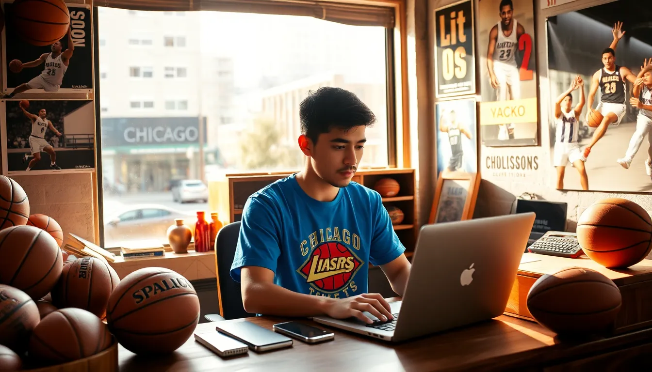 Jimmy Dominguez writing sports articles at his desk in Chicago.