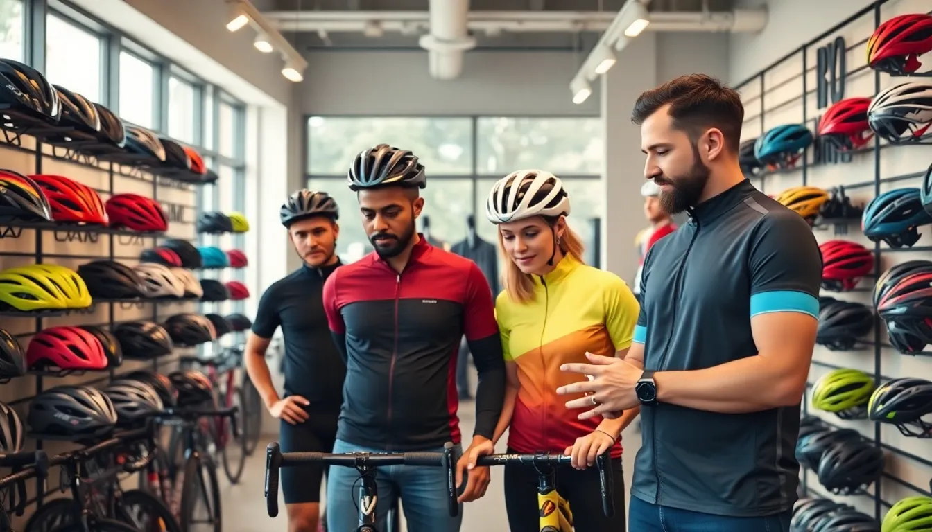 cyclists in a modern cycle shop reviewing gear in Manchester.