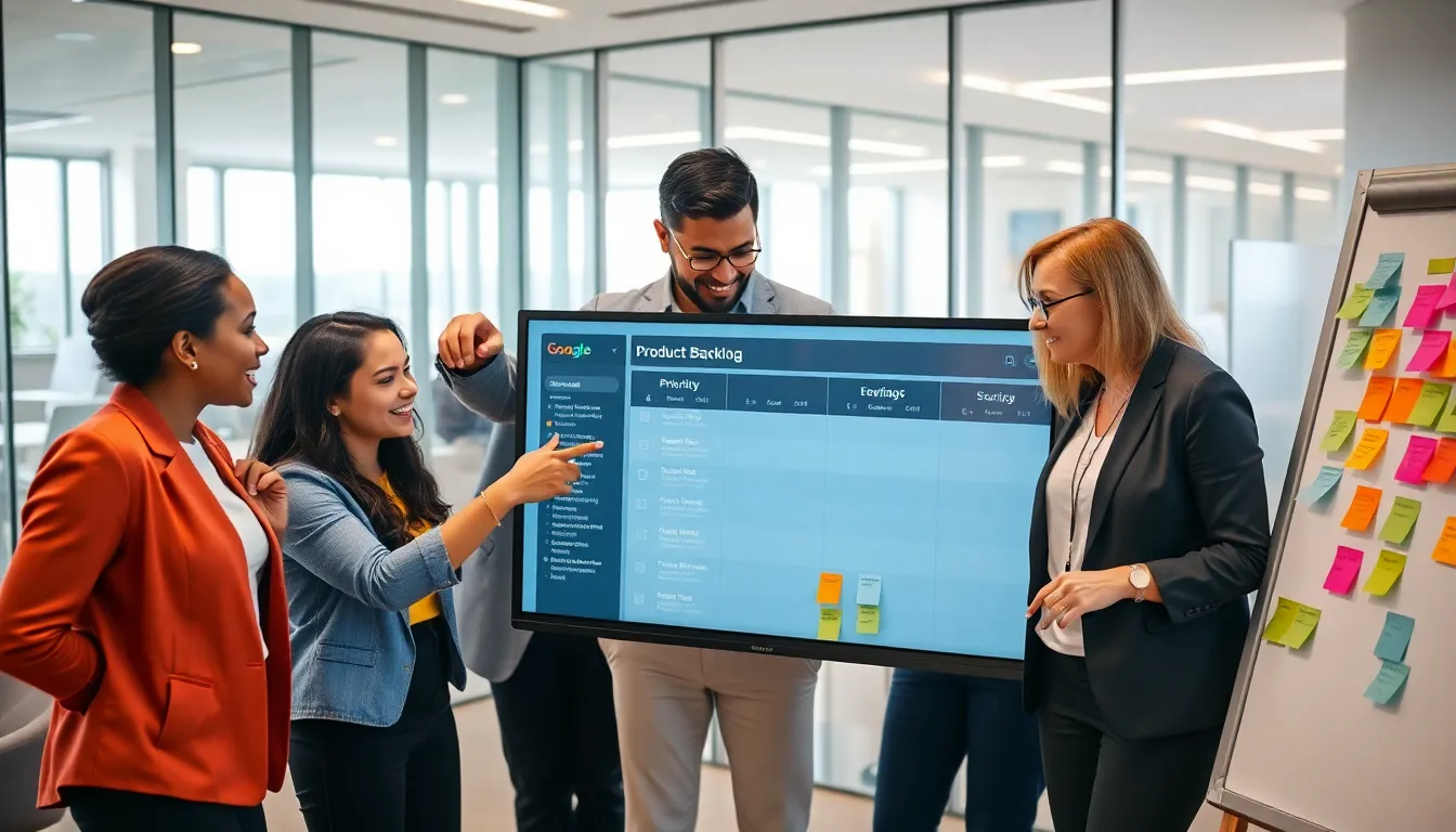 diverse team collaborating on a digital product backlog template in a modern office.
