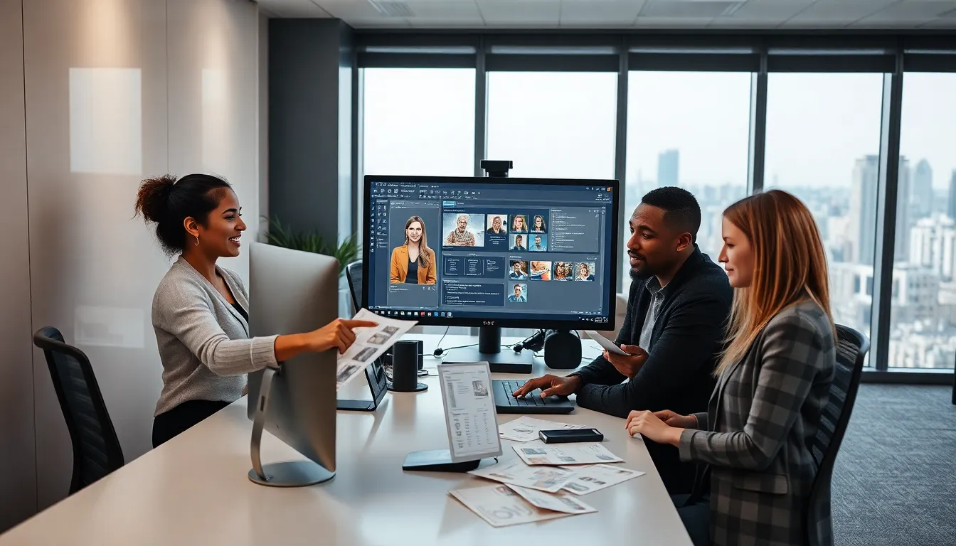 diverse team collaborating on a CK2Generator project in a modern office.