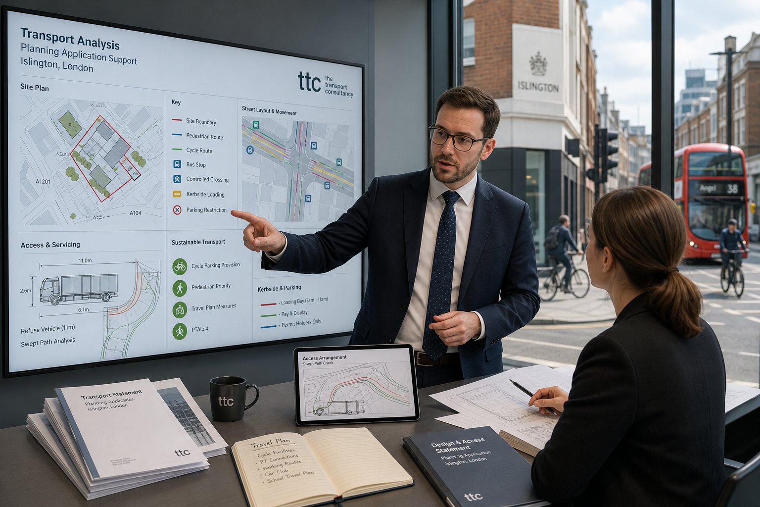 Traffic engineer reviewing transport plans for an Islington development application.